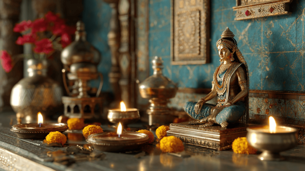 Beautiful mandir design for home with elegant brass idol, diyas, and floral decor