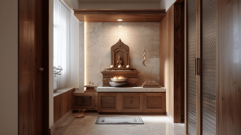 Elegant latest wooden mandir design for home with carved details and serene lighting