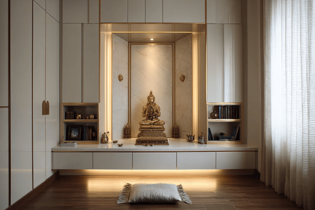 Elegant marble mandir design for home with golden accents and soft ambient lighting
