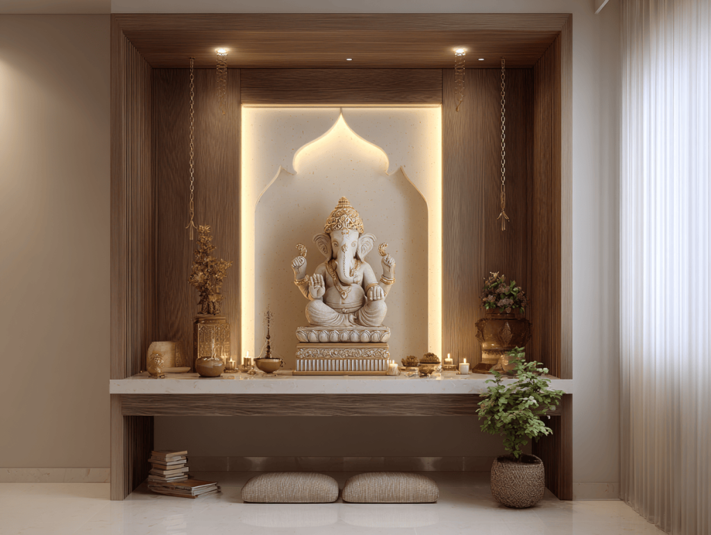Elegant modern mandir design for home with wooden framing and soft golden lighting