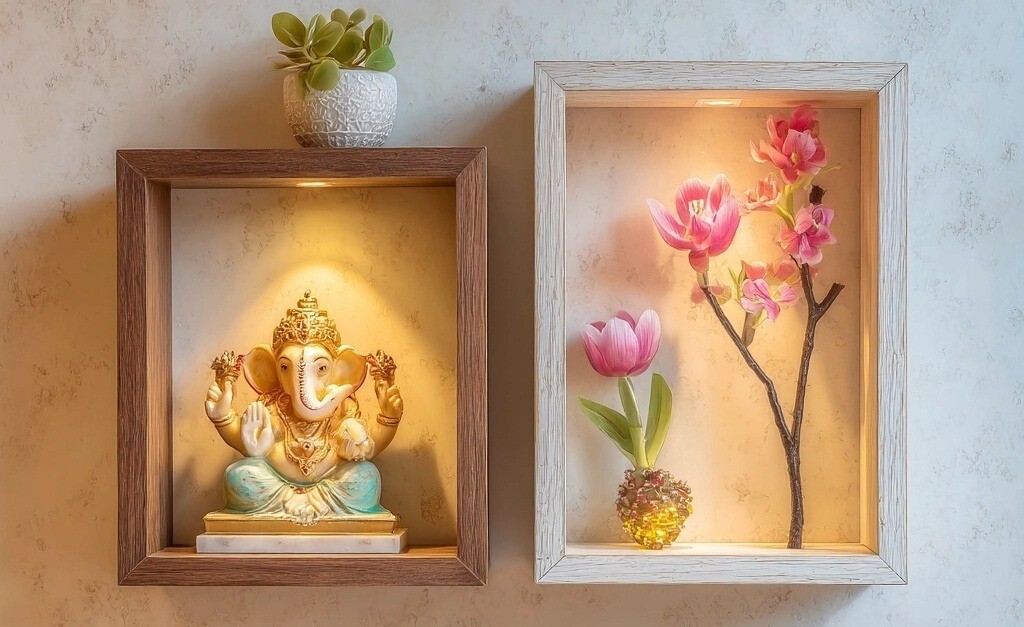Elegant wooden mandir design for home with Lord Ganesha idol and floral decor