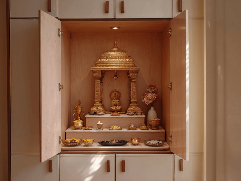 Compact small mandir design for home with golden temple setup and soft lighting