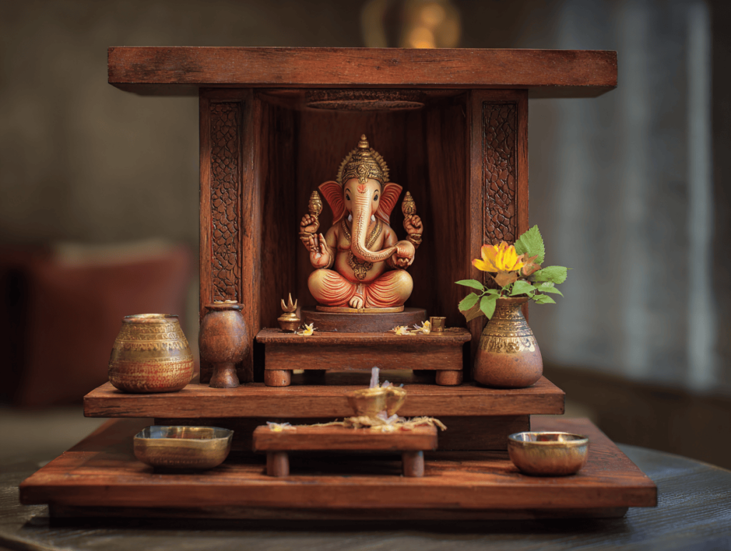 Traditional wooden mandir design for home with Ganesha idol and brass decor elements