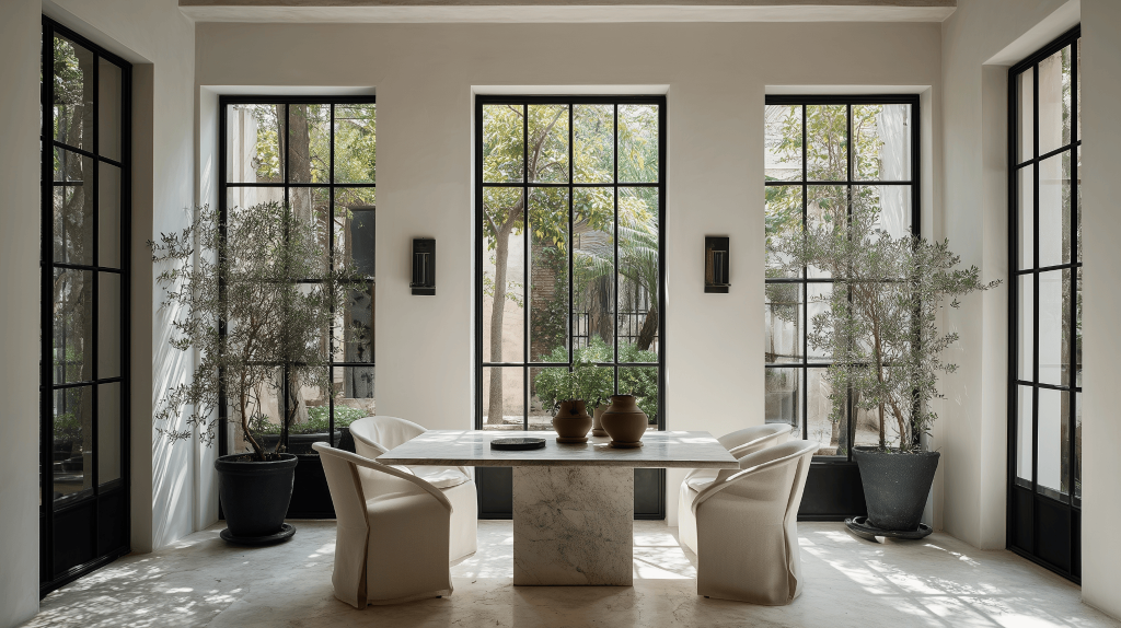 Elegant simple modern window grill design framing a bright minimalist dining space