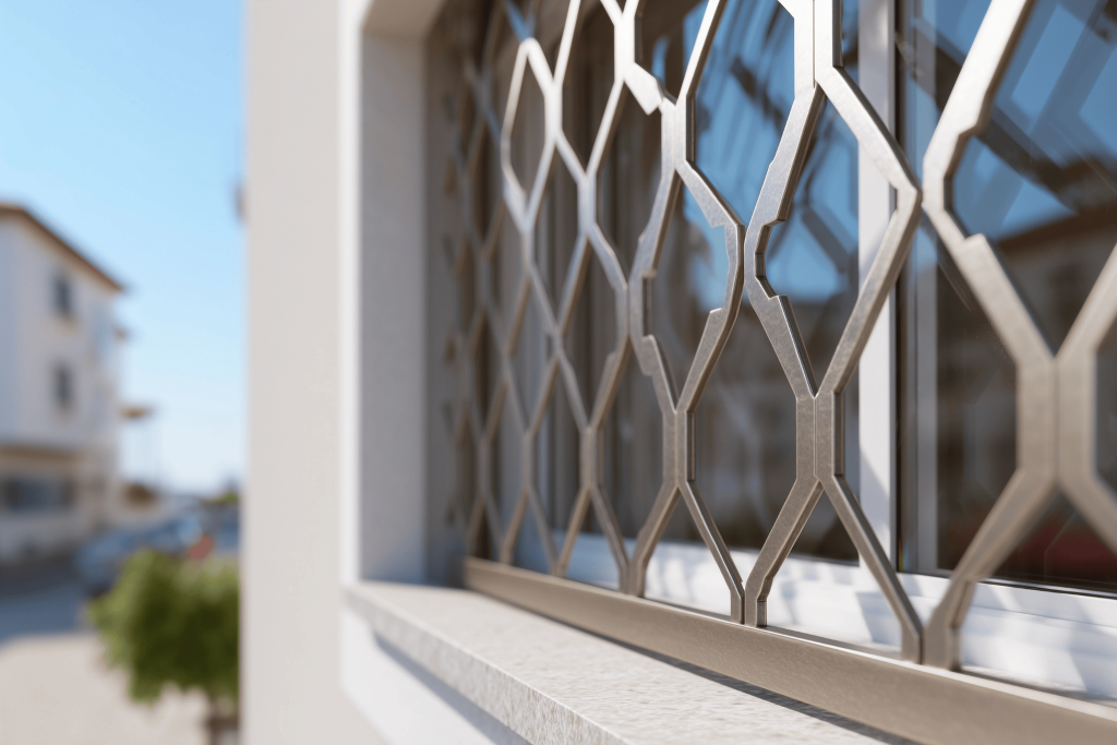 Elegant modern window grill design with geometric pattern on exterior wall