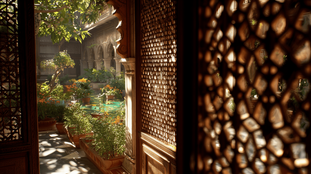 Traditional simple modern window grill design with ornate lattice and garden view