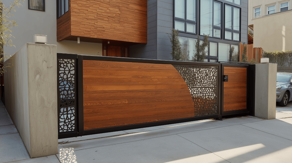 Stylish latest cnc cutting design gate with wood and metal detailing for modern homes