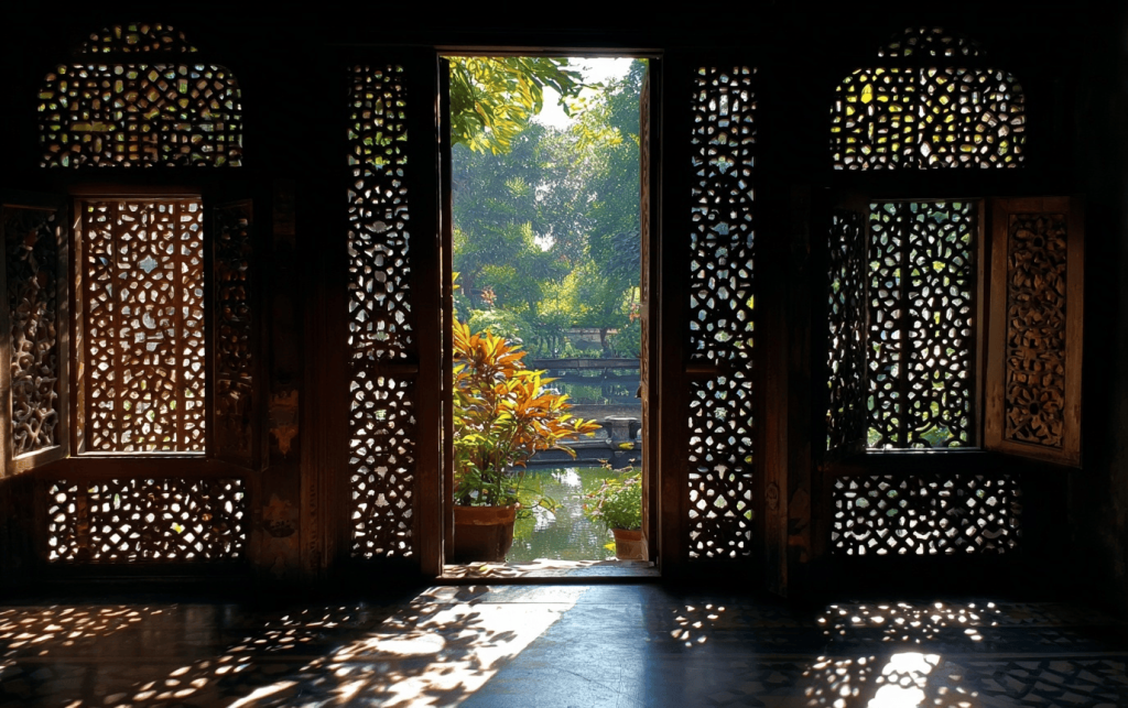 Artistic cnc cutting design for wall with intricate wooden patterns and sunlight glow