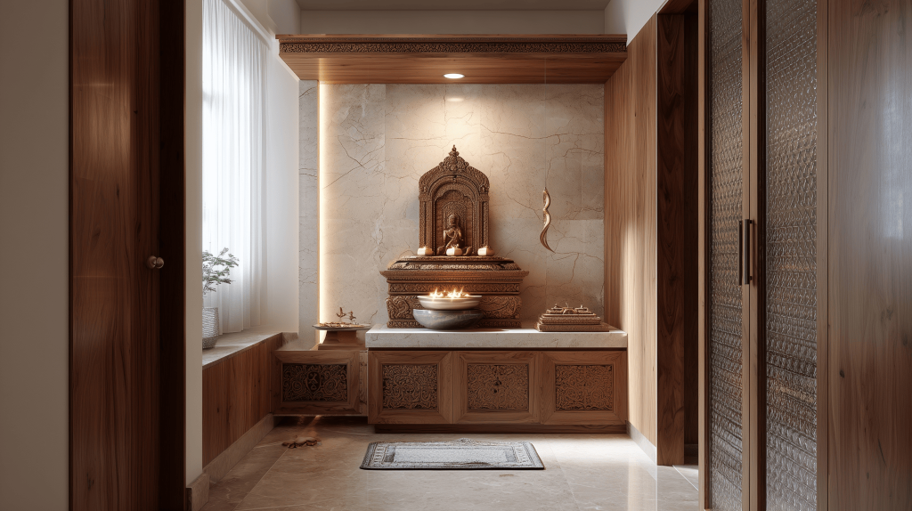 Interior cnc cutting design enhancing wooden temple decor with intricate detailing