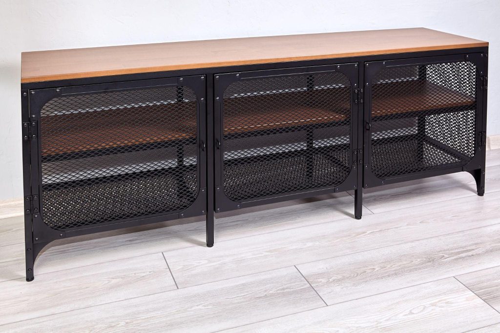 Industrial metal shoe rack design with mesh doors and wooden top for modern homes