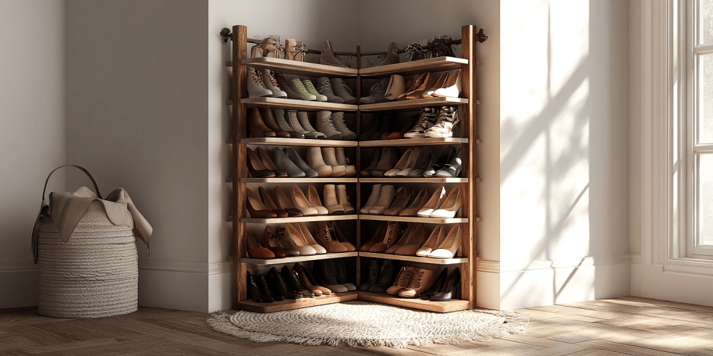 Corner l shape shoe rack designs with multi-tier wood shelves and natural lighting