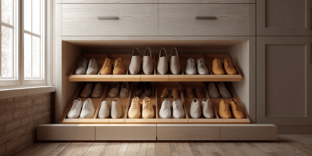 Modern latest shoe rack design with dual shelves for neat and space-saving storage