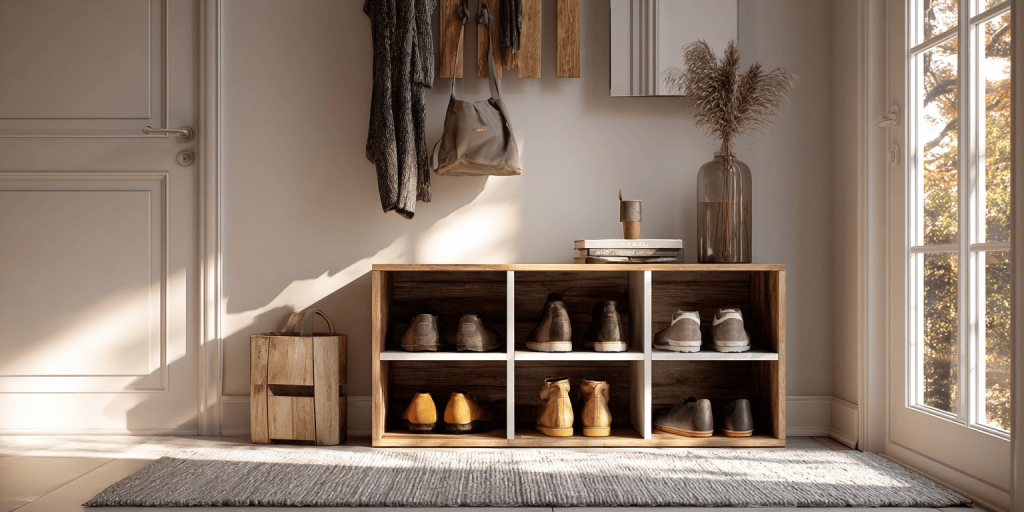 Elegant wooden shoe rack designs for home with natural light and cozy entryway decor