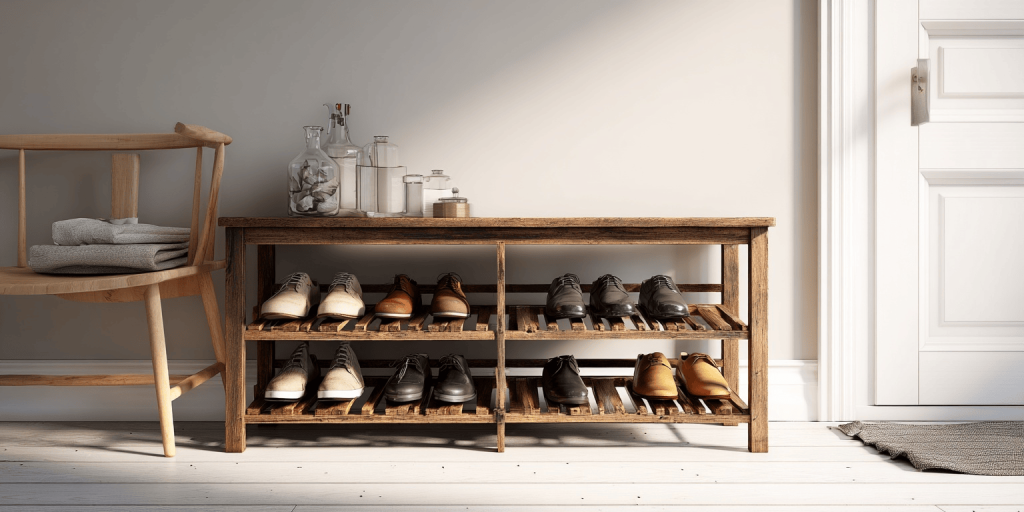 Elegant simple shoe rack designs with wooden finish for an organized home entryway