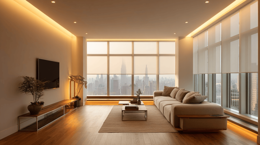Modern ceiling profile light design brightening a luxury city view living room
