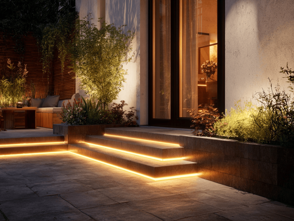Warm profile light design illuminating outdoor steps with elegant modern style