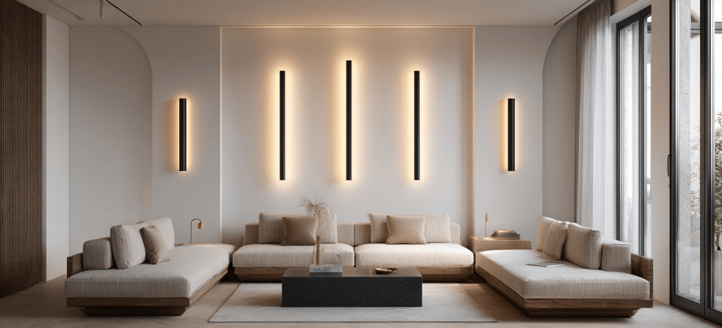 Modern wall profile light design enhancing a cozy and elegant living room