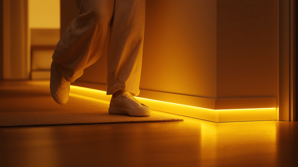 Warm simple profile light design illuminating modern hallway flooring at night