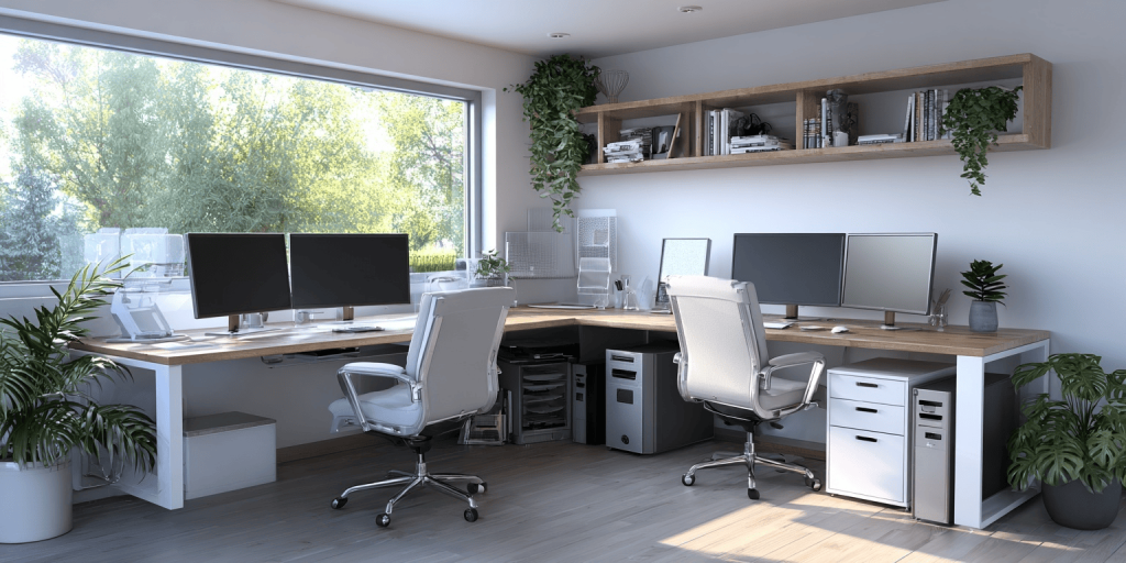 Spacious l shaped computer table design for dual setup with modern office look