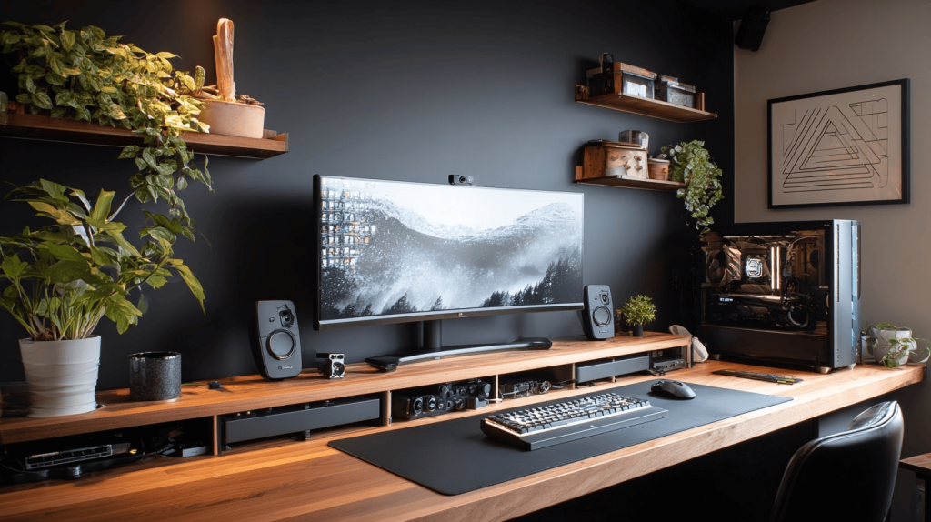 Sleek stylish computer table design with wood finish and modern black wall setup
