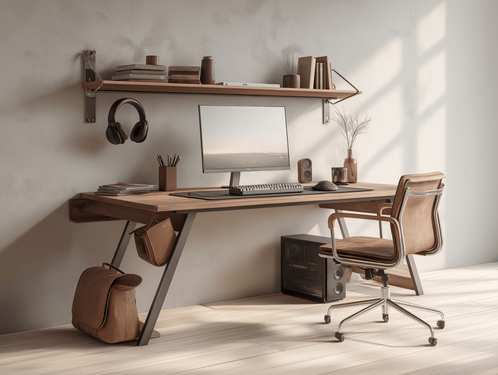 Minimal wooden computer table design with leather chair in cozy home office setup