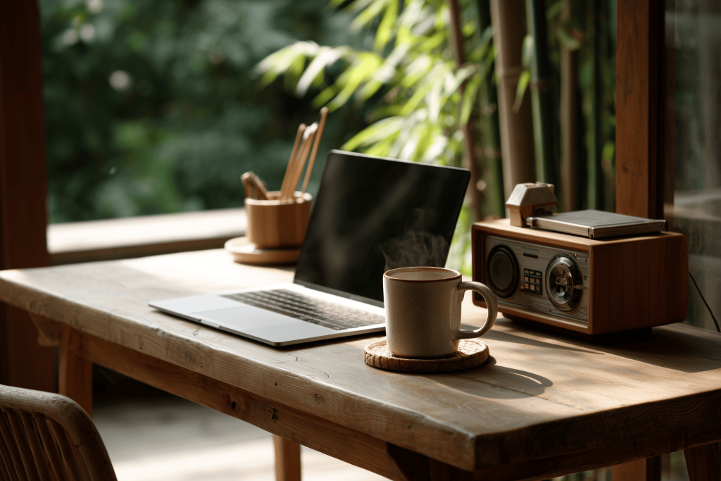 Cozy computer table design for home with wooden texture and serene outdoor view