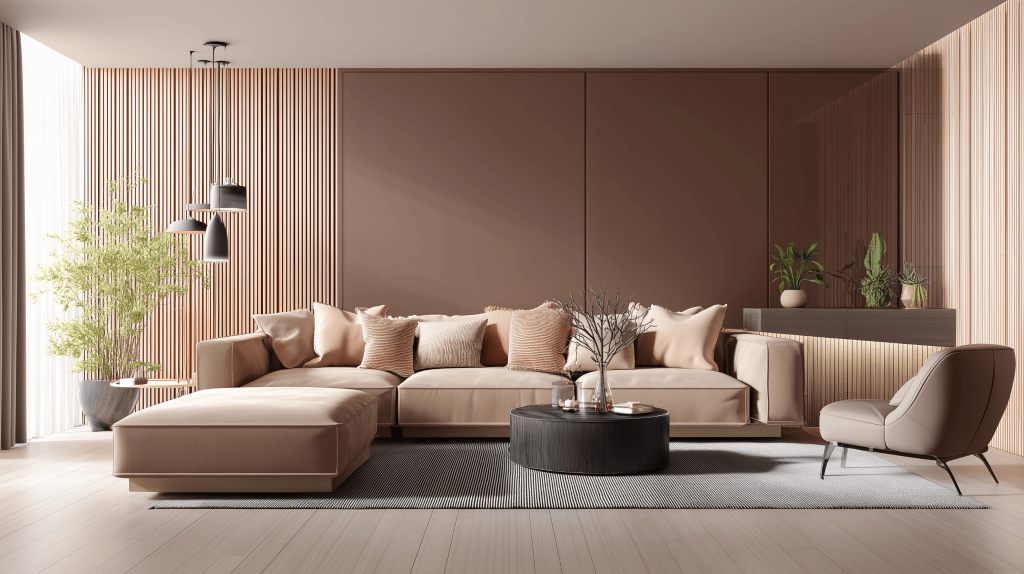 Stylish brown colour combination for living room with modern beige sofa and decor