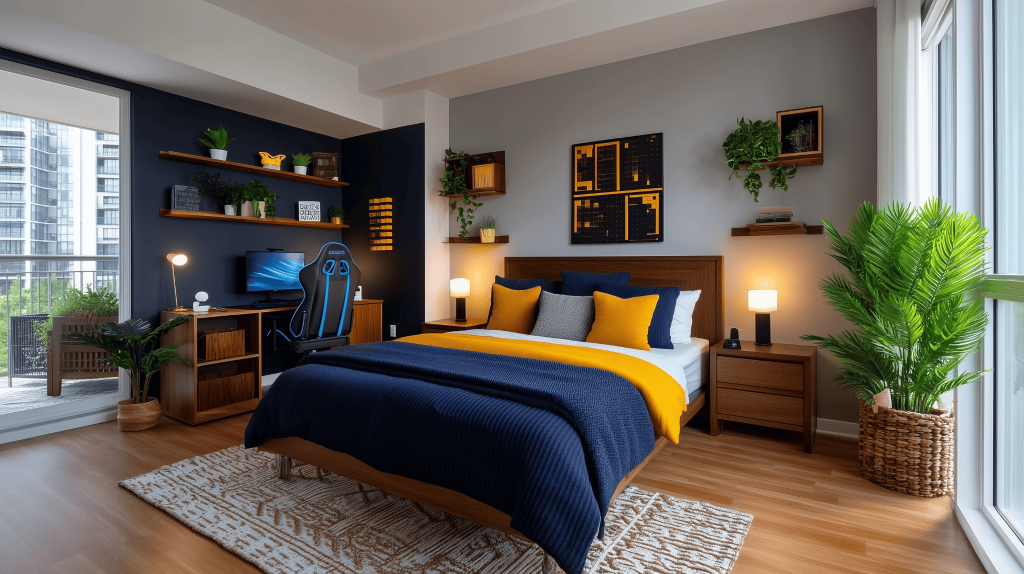 Stylish modern bedroom interior trends with bold navy and mustard color palette