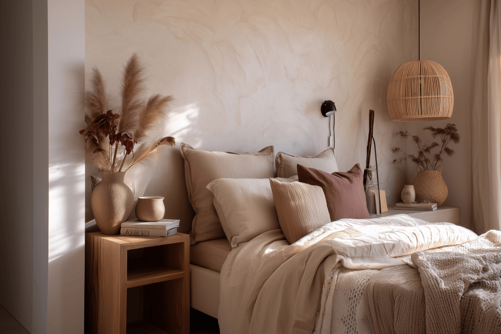 Warm bedroom interior trends with earthy tones and natural textured décor