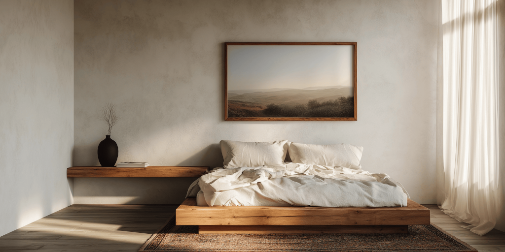 Minimal bedroom design trends 2026 with natural wood tones and cozy earthy textures