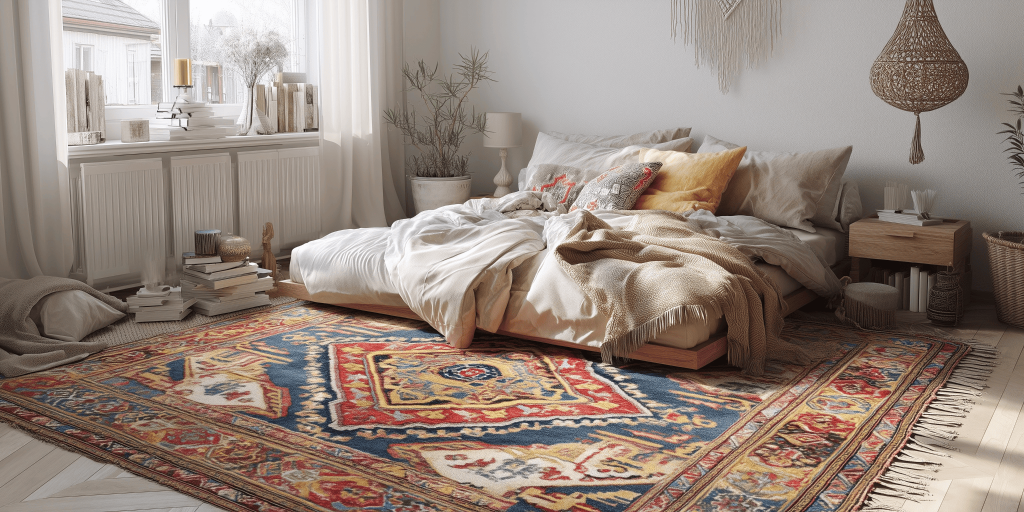 Cozy bedroom decor trends with layered textures and a vibrant patterned rug