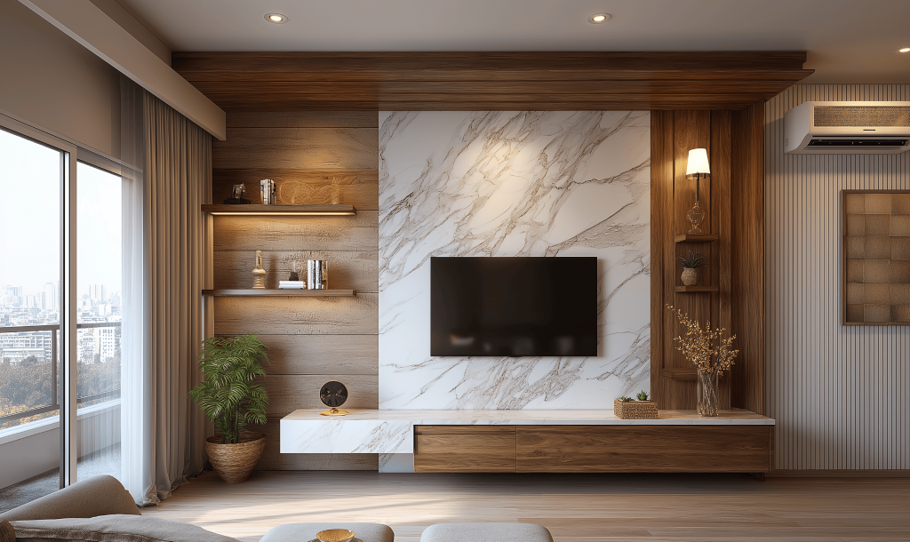 Elegant tv wall panel design for living room with wood tones and marble accents