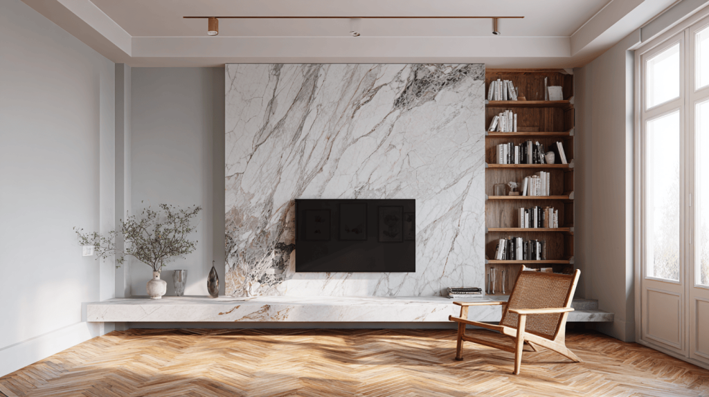 Elegant simple tv wall panel design with marble backdrop and built-in bookshelf