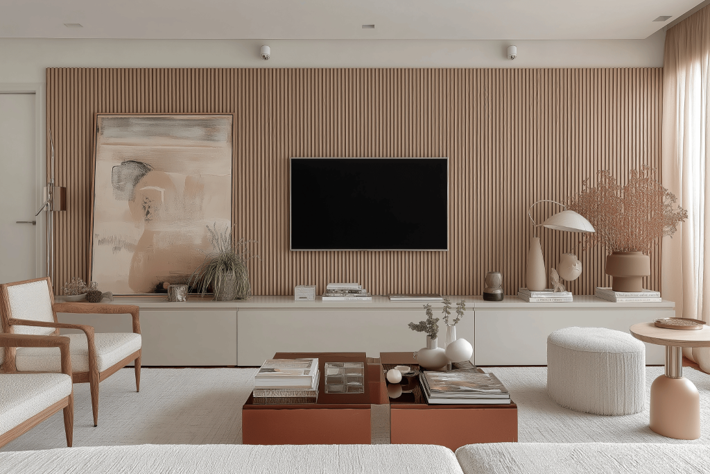 Minimalist latest tv wall panel design with fluted wood and neutral decor accents