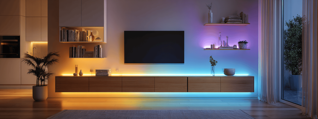 Stylish led tv panel design for bedroom with ambient backlit color gradients