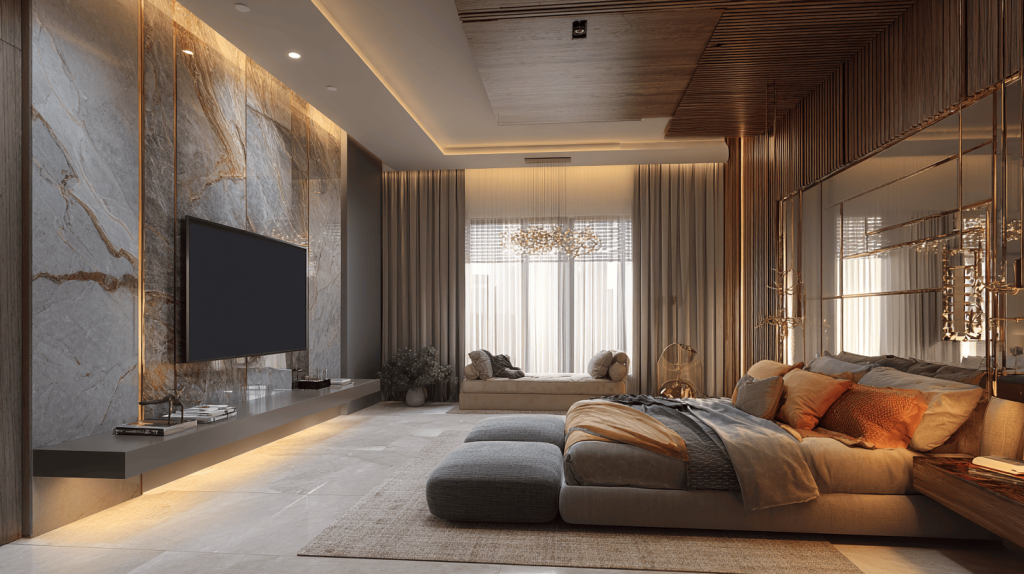 Elegant tv panel design for bedroom 2025 with marble texture and ambient lights