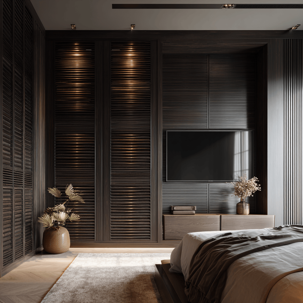 Stylish modern tv panel design for bedroom with dark wood finish and warm lights