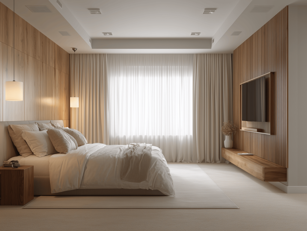 Elegant modern tv panel design for bedroom with wood slats and floating console