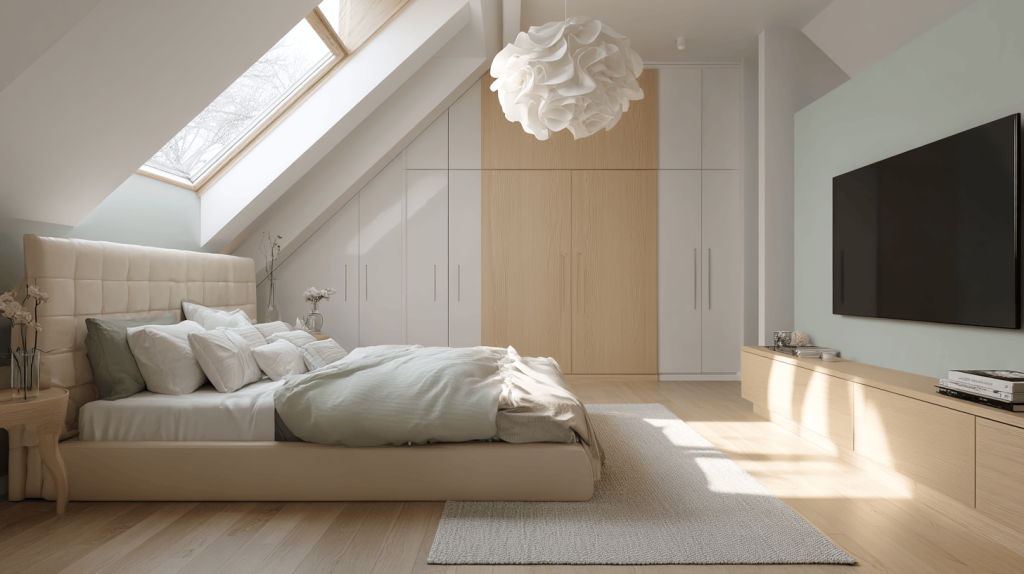 Cozy simple tv panel design for bedroom with minimal unit and natural light