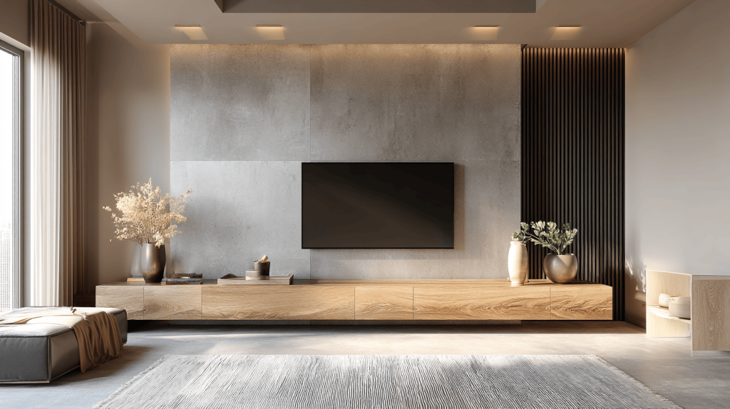Modern tv panel design for bedroom with wood cabinetry and concrete backdrop