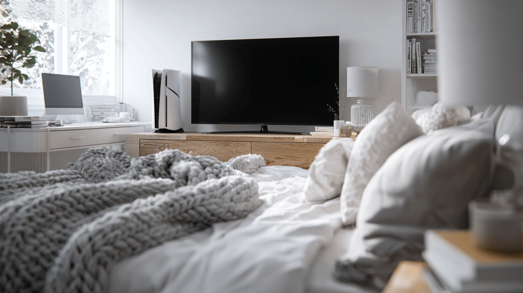 Cozy simple tv panel design for bedroom with neutral tones and compact wood console