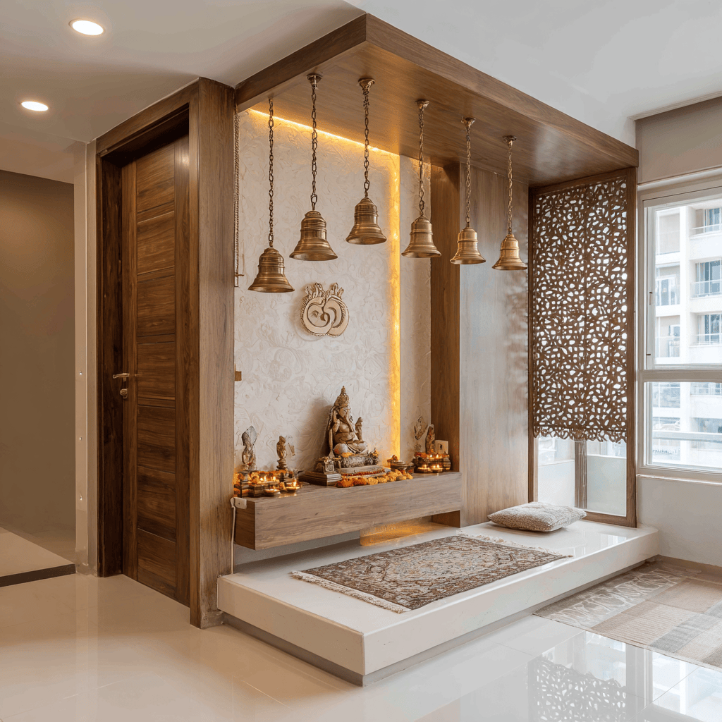 Elegant small pooja room designs for home with bells and wooden ceiling decor