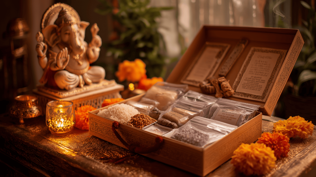 Elegant small pooja room interior design with Ganesh idol and pooja essentials