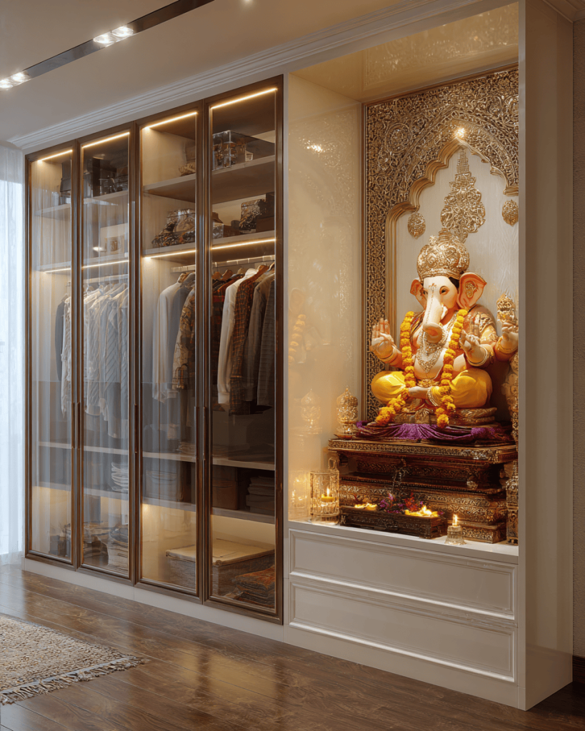 Elegant small pooja room interior design with Ganpati idol in wardrobe space
