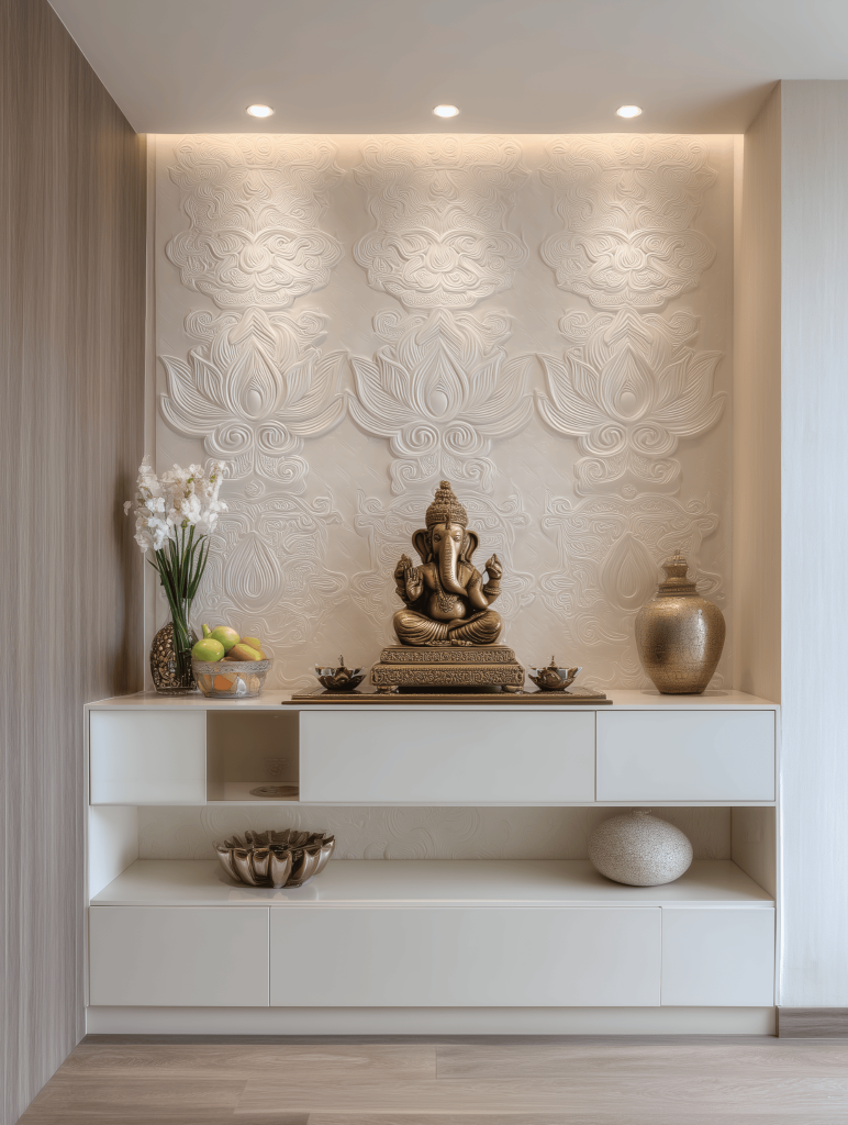Elegant small modern pooja room designs with lotus wall panel and Ganesha idol