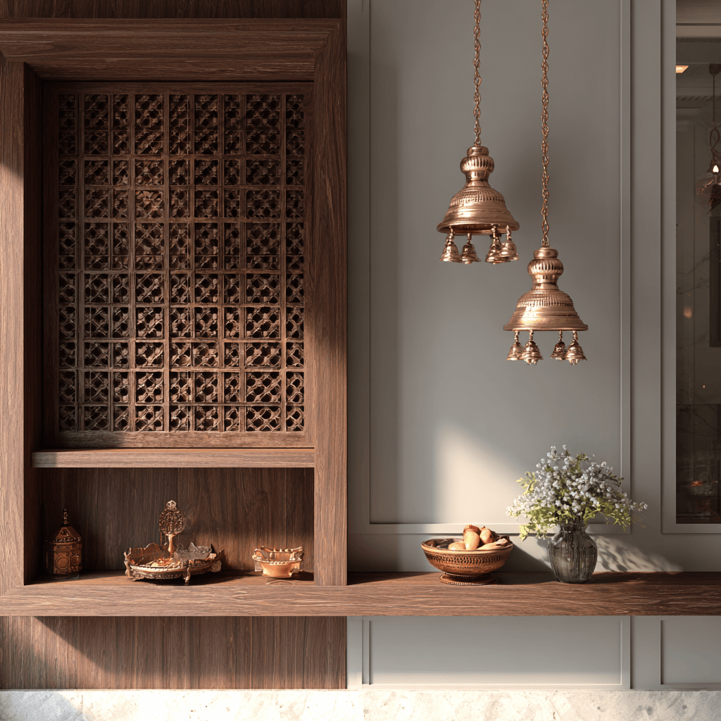 Wooden simple small pooja room designs with bells and antique brass décor