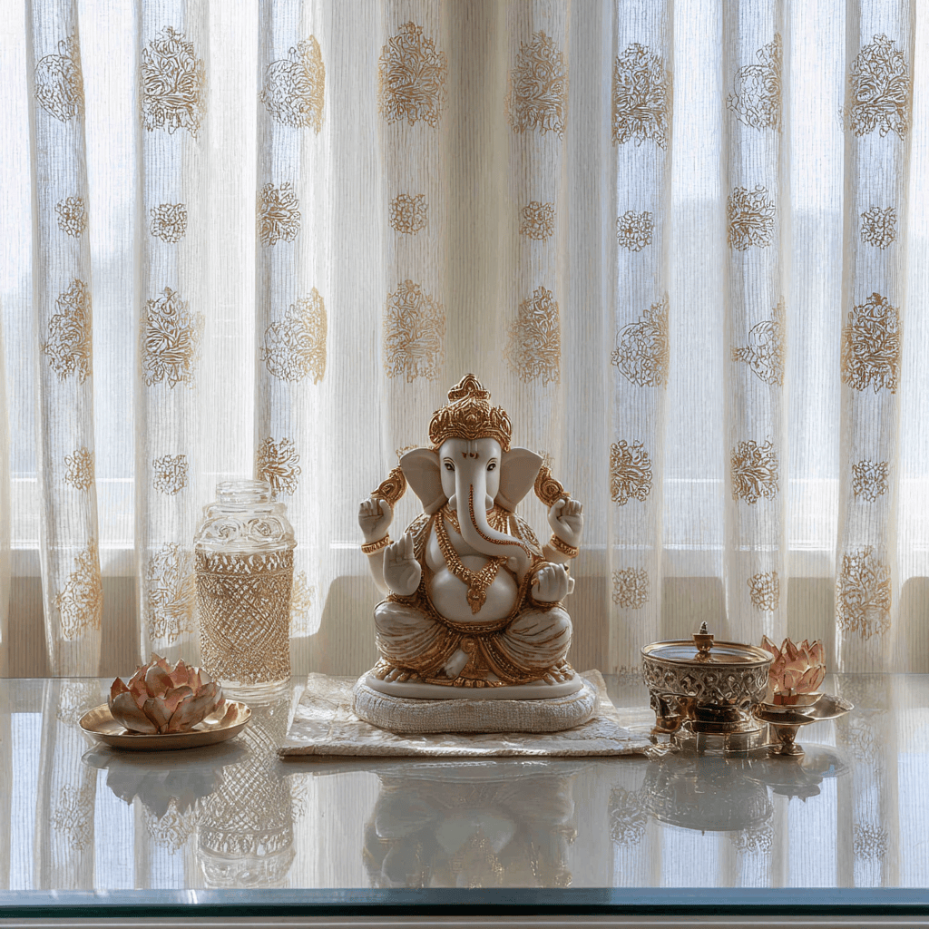 Graceful simple small pooja room designs with soft lighting and Ganesh idol setup