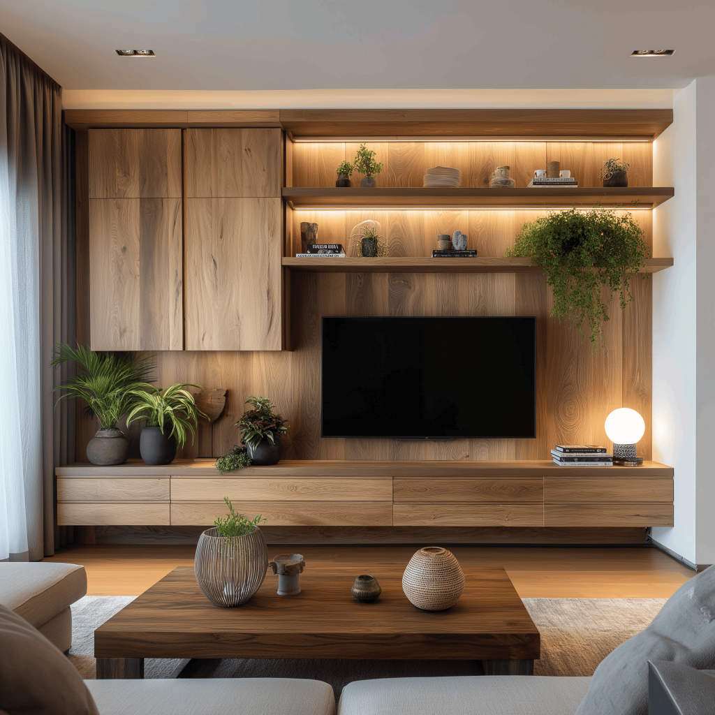Elegant modern tv showcase design with open shelves and wooden finish
