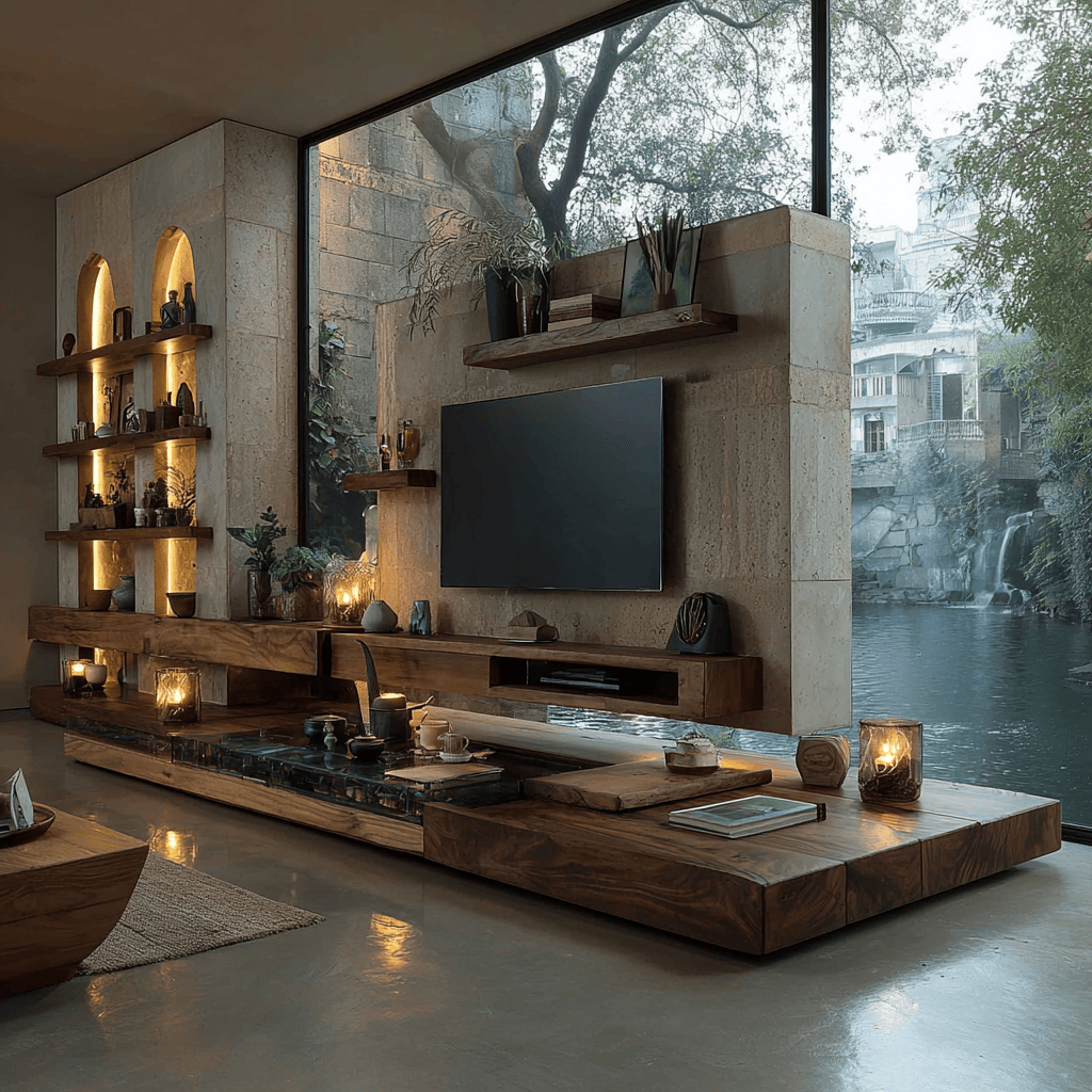 Rustic wooden tv showcase designs with natural stone wall and ambient lighting