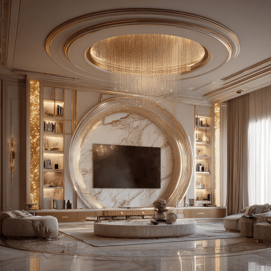 Luxurious latest tv showcase design with marble panel and gold circular frame